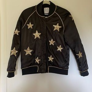 Vintage Black Satin Bomber Jacket w/ Sequin Stars, Small